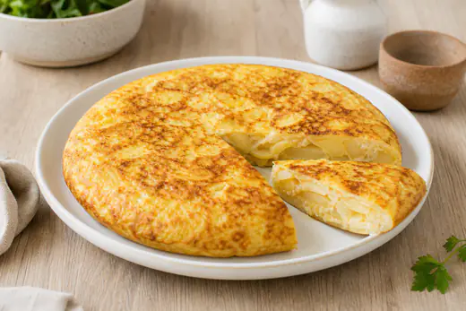 Tortilha espanhola de batata dourada, cortada em fatias, a mostrar o interior macio com batata e cebola, num prato branco