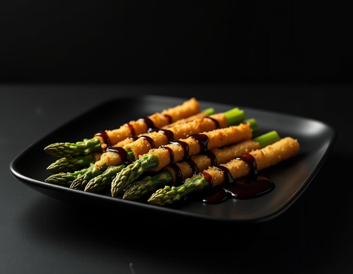 Aspargos na airfryer crocantes e dourados em um prato.