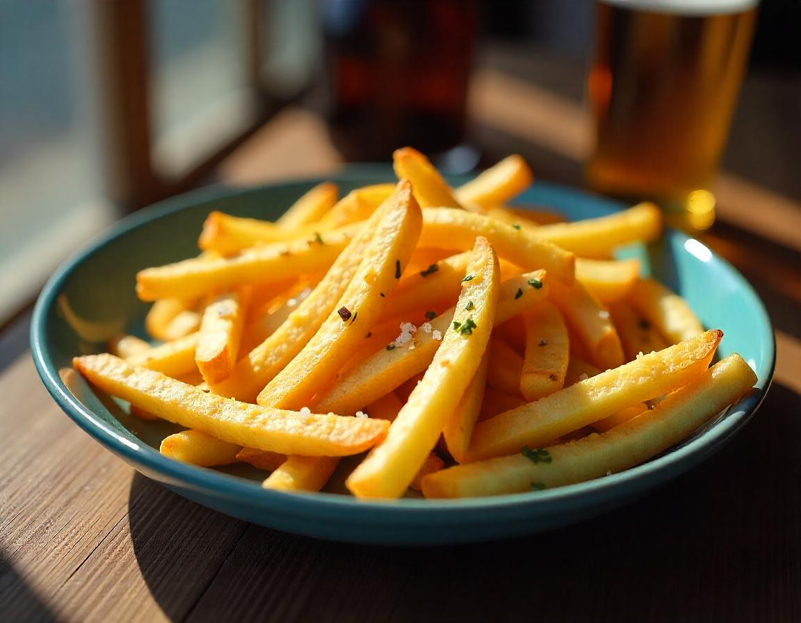 Batatas fritas na airfryer douradas e crocantes em um prato.