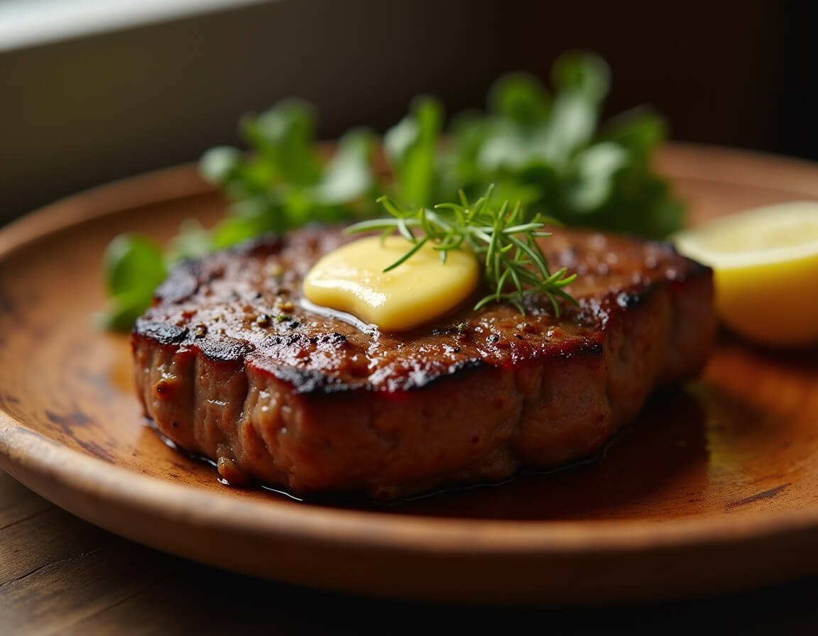 Imagem de um bife de carne bovina na airfryer, mostrando a carne crocante e suculenta após ser preparada na airfryer.