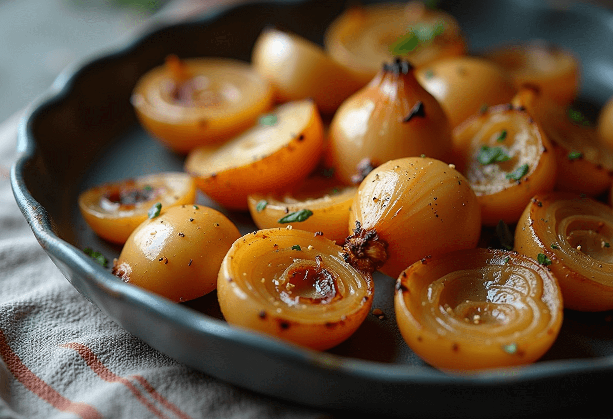 Cebolas assadas na airfryer douradas e caramelizadas.