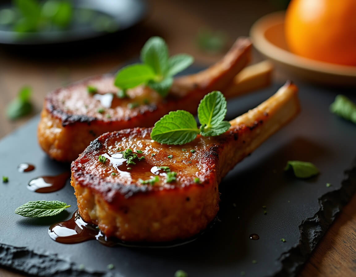 Costelas na airfryer douradas e suculentas na cesta da airfryer.