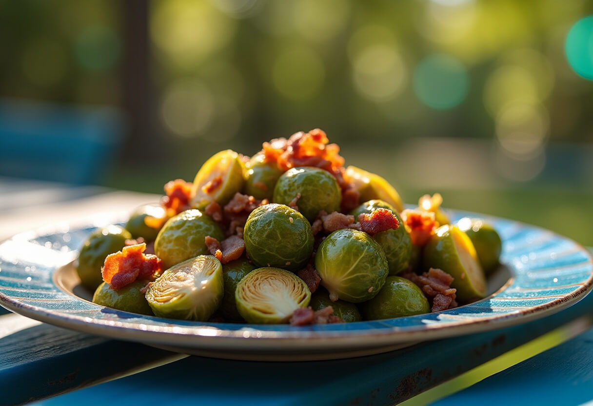 Couves-de-bruxelas douradas e crocantes preparadas na airfryer, servidas em um prato.