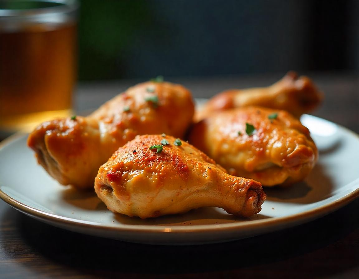 Coxas de frango douradas e crocantes preparadas na airfryer.