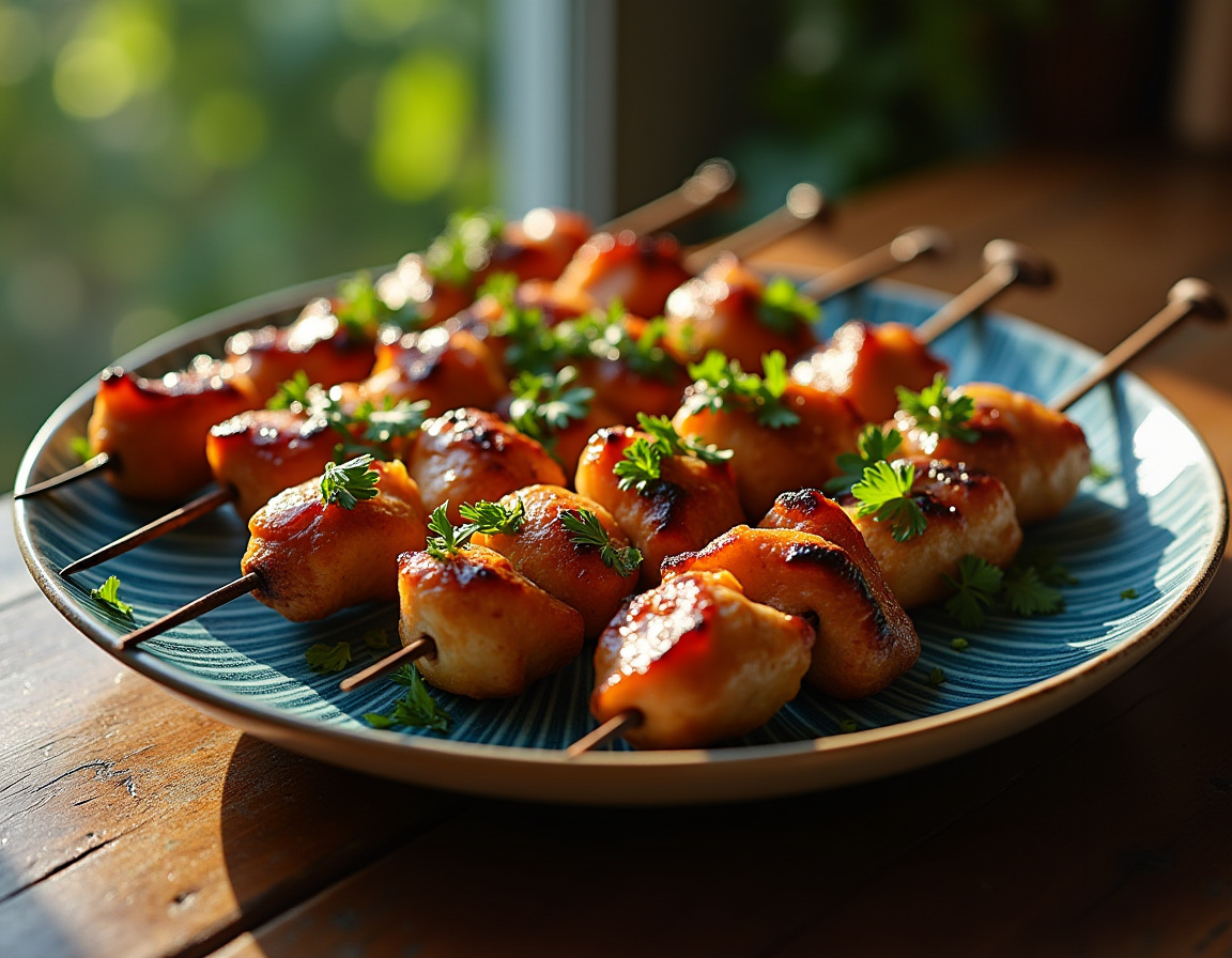 Espetinhos de frango na airfryer dourados e crocantes.