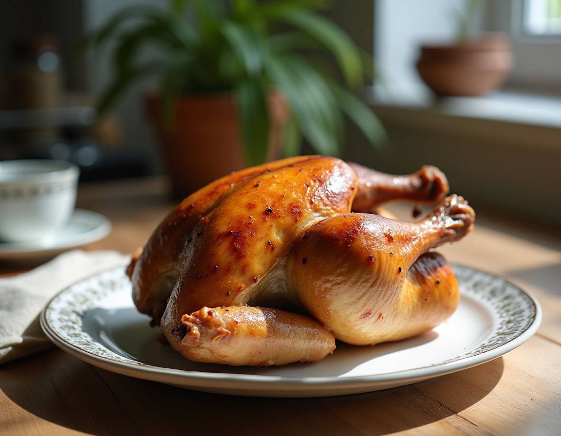 Frango inteiro na airfryer dourado e crocante, pronto para servir.