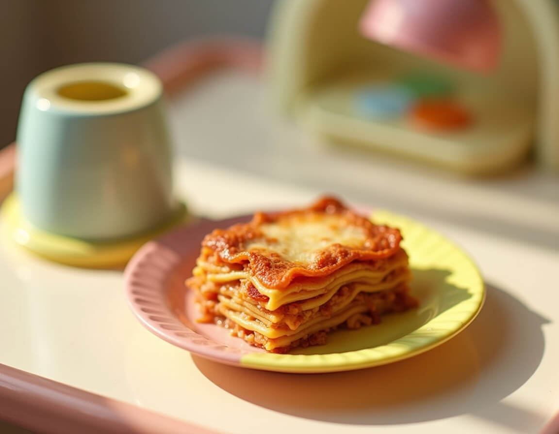 Lasanha na airfryer servida em um prato, mostrando camadas crocantes e queijo derretido.