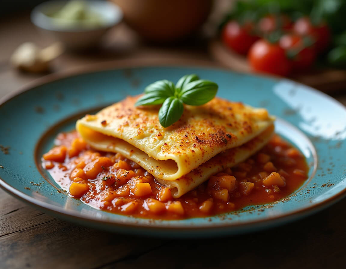 Lasanhinha na airfryer dourada e crocante servida em um prato.