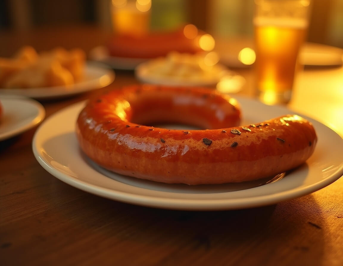 Linguiça na airfryer dourada e crocante na cesta da airfryer.