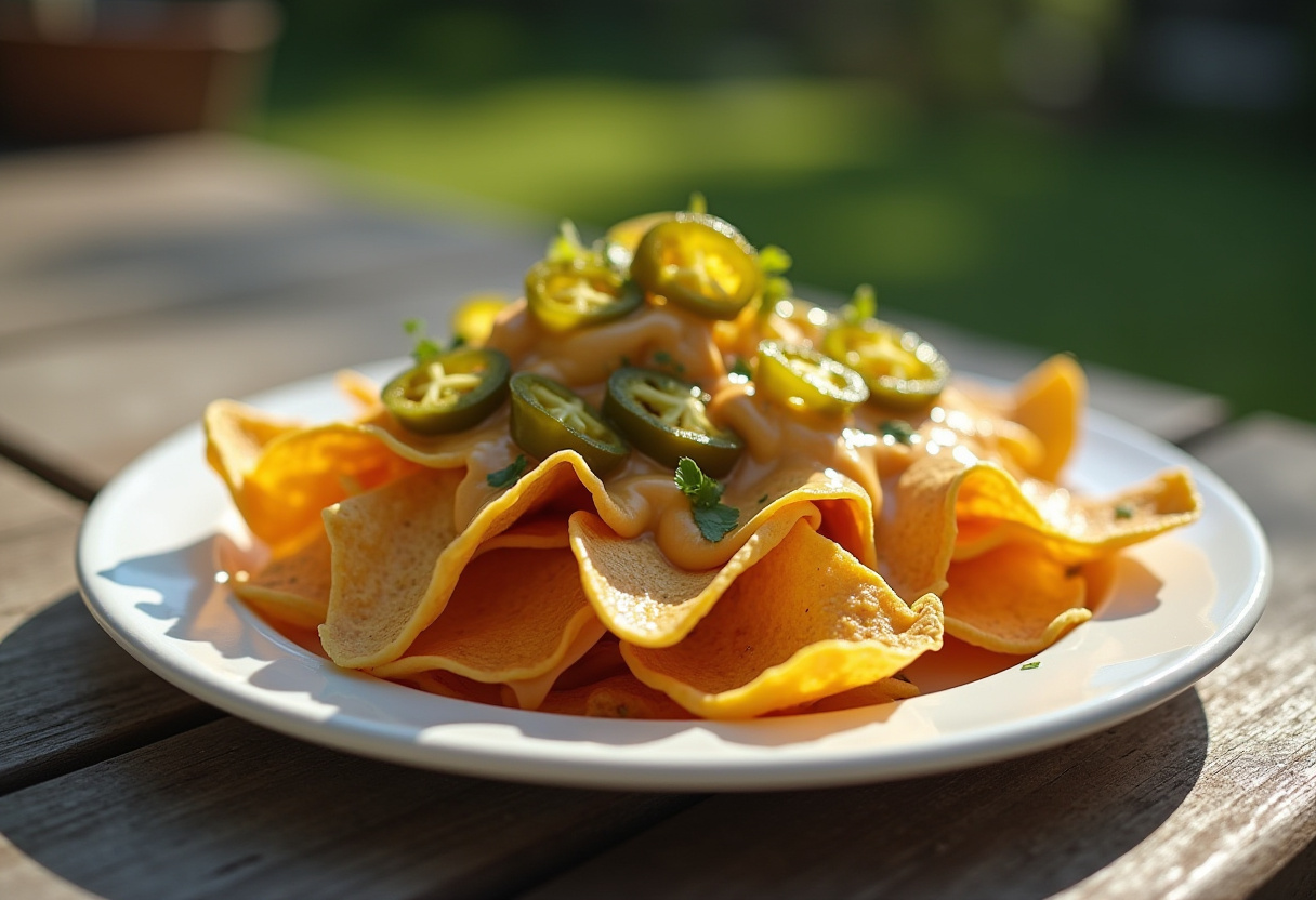 Nachos na airfryer crocantes com queijo derretido e jalapeños.
