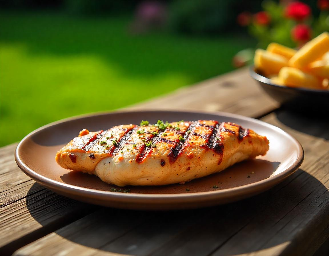 Peito de frango na airfryer dourado e crocante servido em um prato.