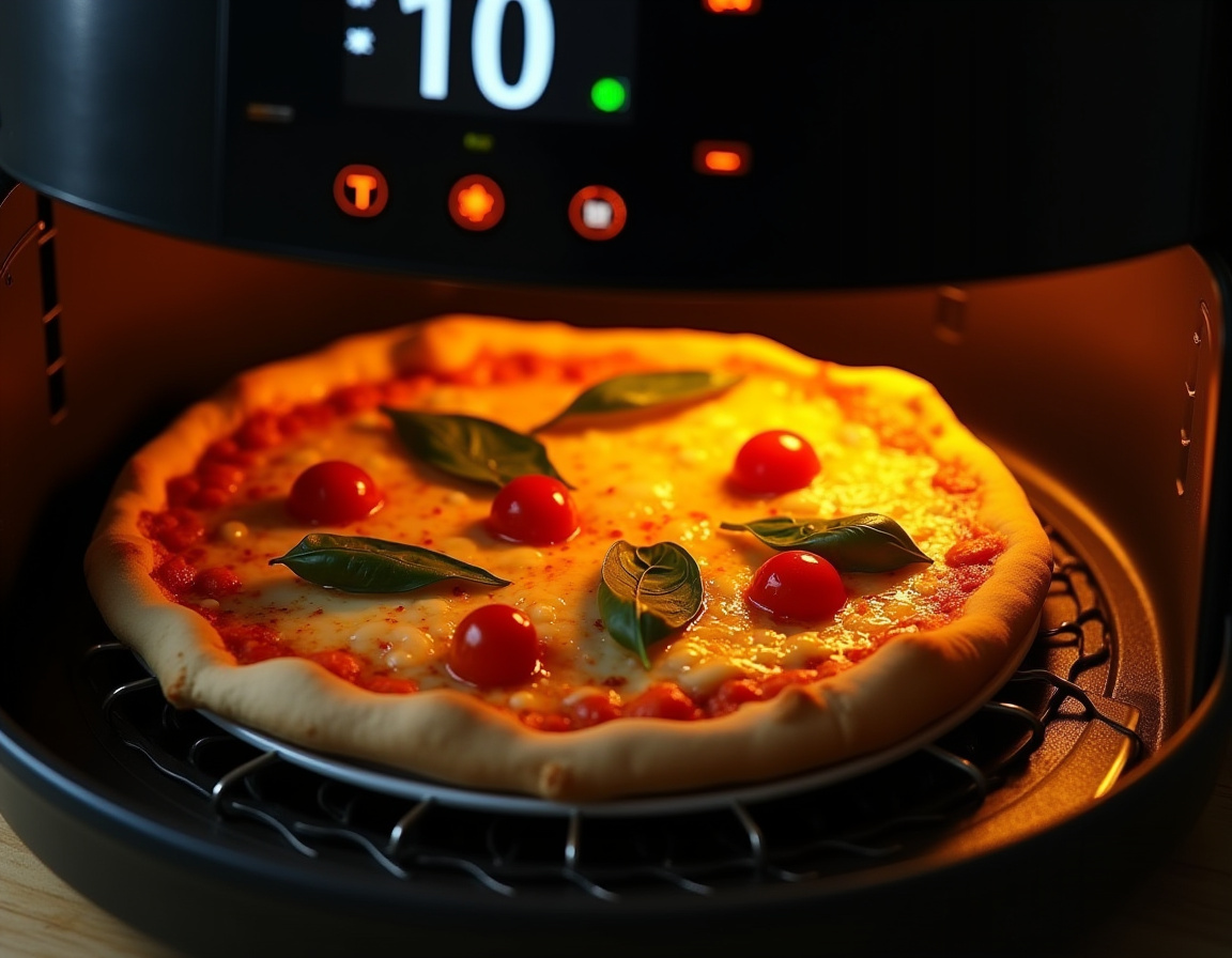 Pizza na airfryer dourada e crocante com queijo derretido.