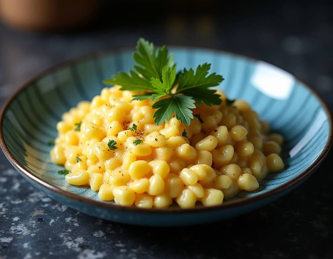 Risoto na airfryer cremoso servido em um prato branco.