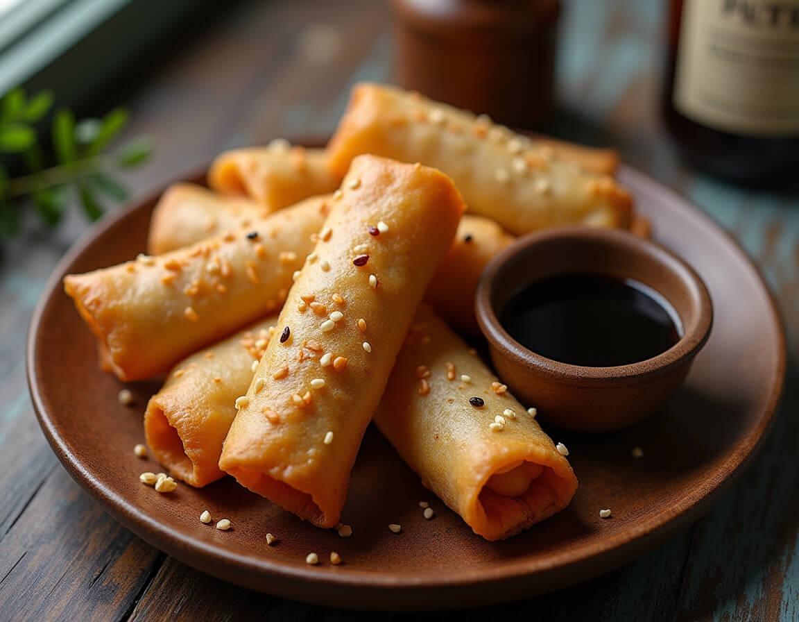 Rolinho primavera na airfryer crocante e dourado servido com molho agridoce.