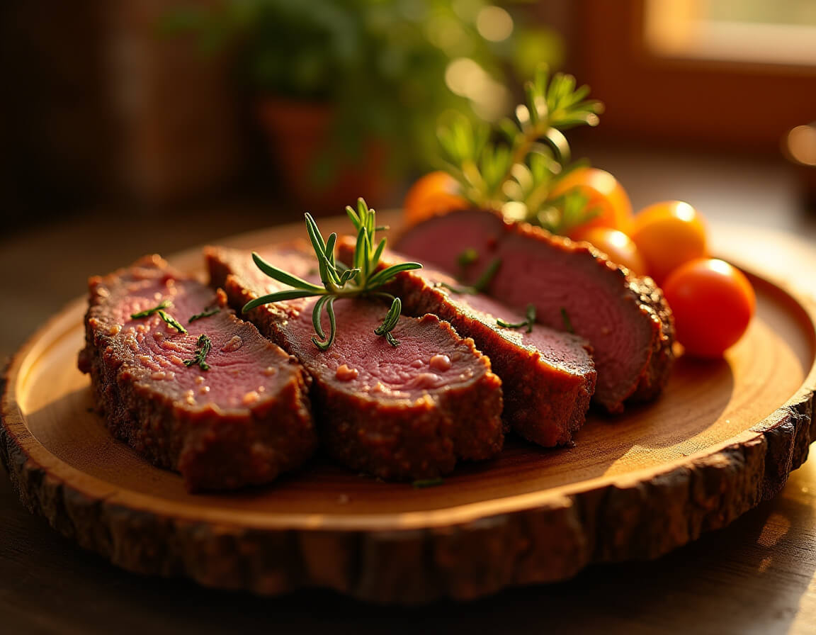 Fatias de rosbife na airfryer suculentas servidas em uma tábua.