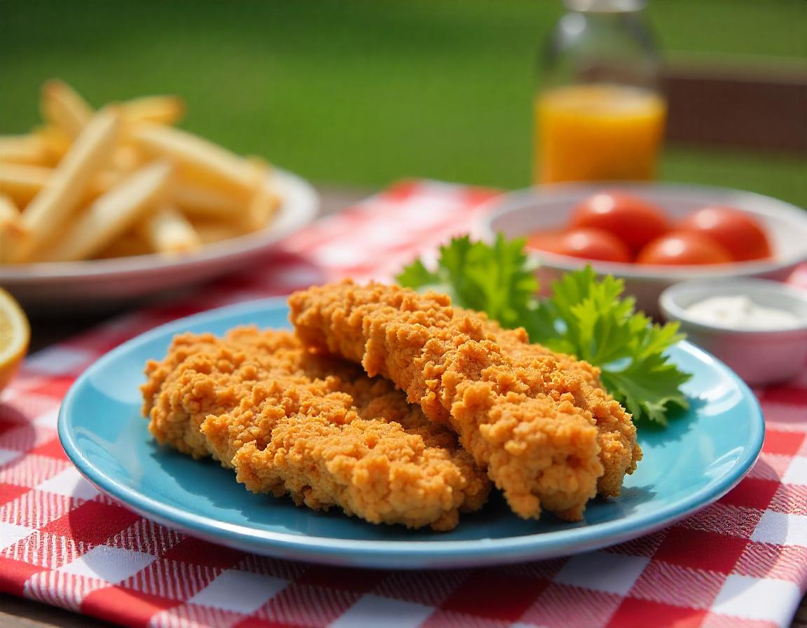 Tiras de frango na airfryer crocantes e douradas servidas em um prato.