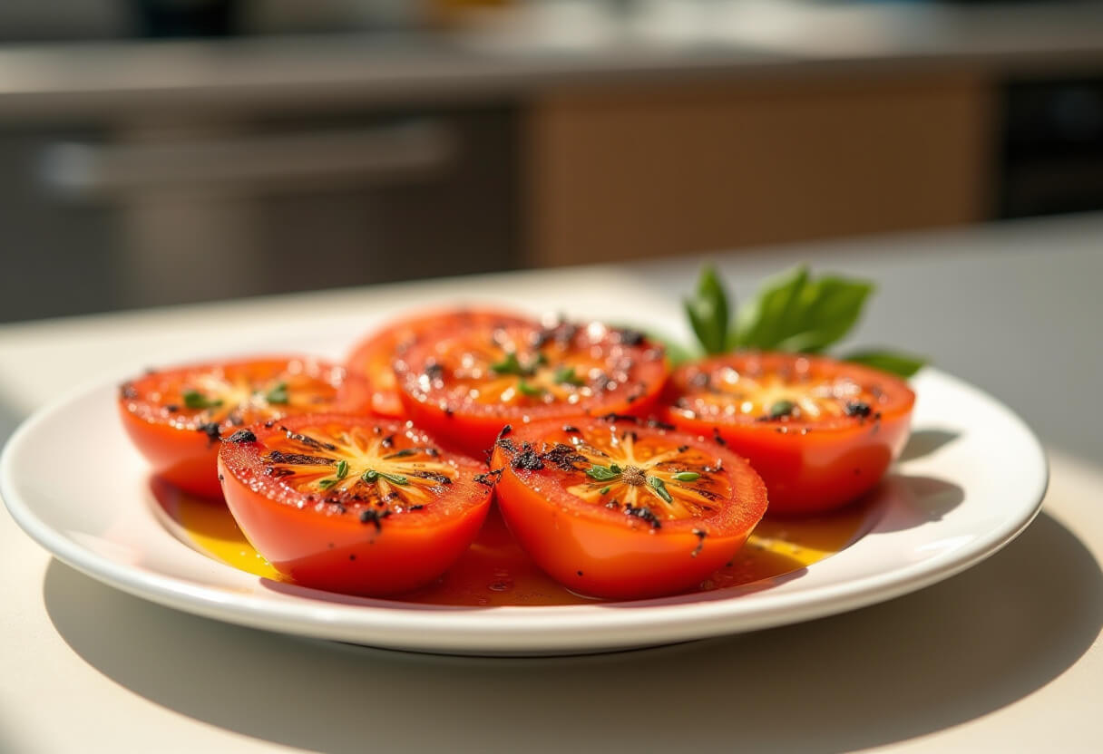 Tomates grelhados na airfryer, dourados e temperados, servidos em um prato branco.